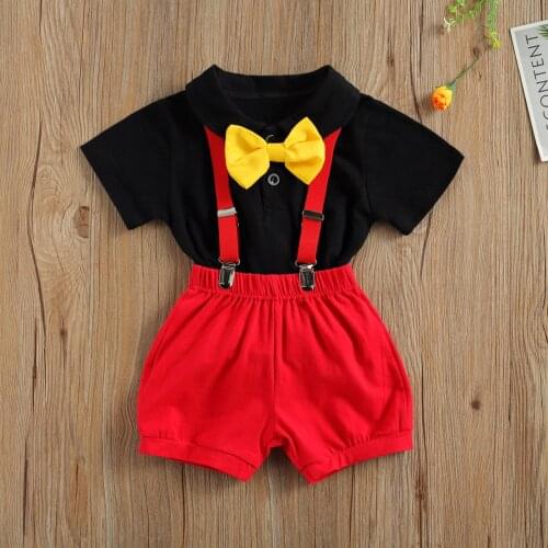 Pudcoco Newborn Baby Boy Clothes Short Sleeve Bow Tie Decorations Solid Color Romper Suspenders Short Pants 2Pcs Gentleman Set