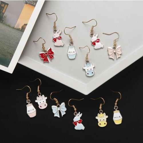Creative Multiple Rainbow Enamel Rabbit Bowknot Earrings for Women Gold Color Alloy Cow Milk Battle Funny Earrings Brincos 2020