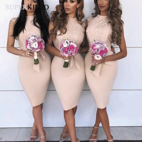SuperKimJo Vestido Boda Mujer Invitada High Neck Champagne Bridesmaid Dresses 2020 Mermaid Cheap Lace Custom Wedding Guest Dress