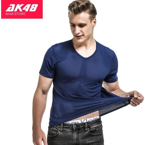 Ice Mesh T-shirt Mens Mesh Breathable Mesh Hollow Exercise Fitness Summer Quick Dry Loose V-neck Fashion Mesh Short Sleeve