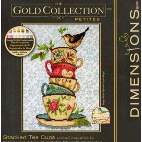 Gold Collection Chic Counted Cross Stitch Kit Stacked Tea Cups Bird Dream Love Happy Dim 70-65171