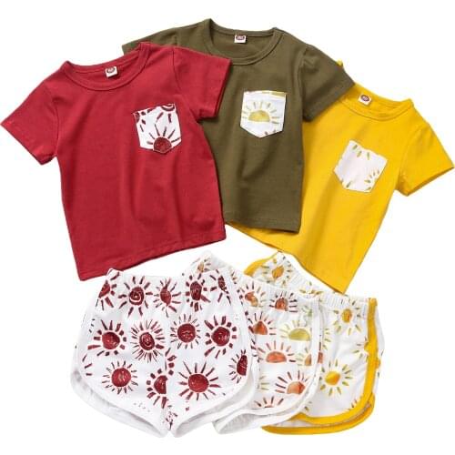 New Girl’s Casual T-shirt and Shorts Set Fashion Pocket Short Sleeve Tops and Sun Printed Short Pants