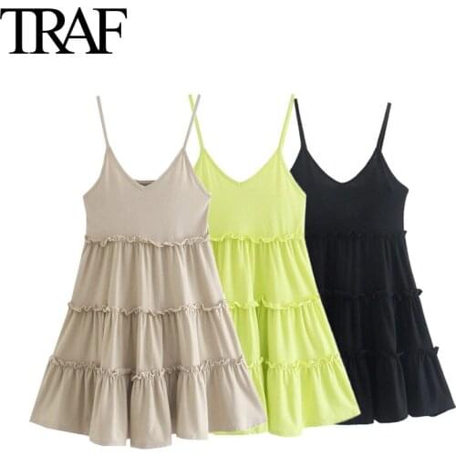 Traf Za Women FashionLayered Stitching Yellow Dresses Summer V-neck Black Sleeveless Dress A-line Mini Dress Vestidos Mujer