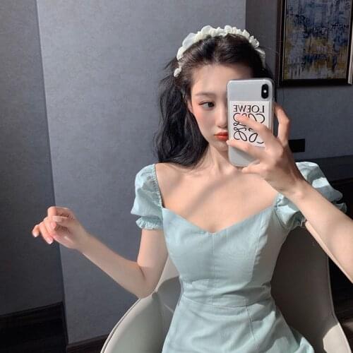 Korean Summer Green Bodycon Dress Woman Sexy Square Collar Short Puff Sleeve A-line Mini Dresses Robe