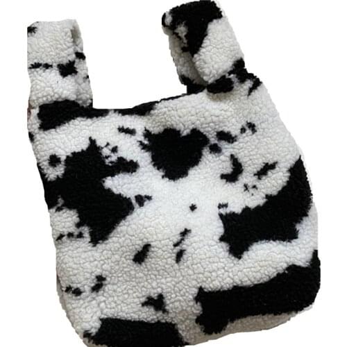 Plush bag small woman tote cute winter cartoon fur handbags milk cow pattern hand bag women nice ladies bag tote christmas gift