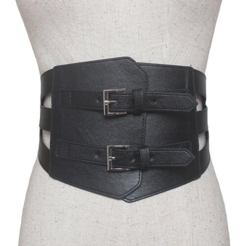 New brand desgin hollow out Leather Belts metal Double Pin Buckle Wide Belt For Women Fashion Dress Decoration Female Cummerbund