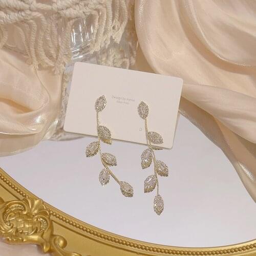 Luxury Leaves Earring Plated 14K Real Gold Delicate Micro Inlaid Cubic Zircon CZ Stud Earrings Wedding Charm Jewelry Pendant