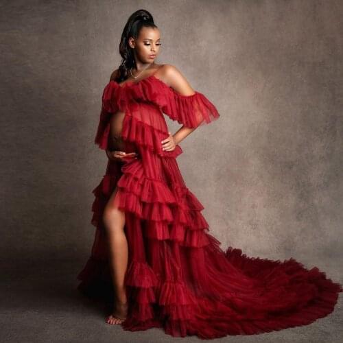 Modest Dark Red Tulle Maternity Dress To Photo-shoot Ruffled Tulle Baby Shower Shooting Dresses Pregnancy Women Robe Party Gown