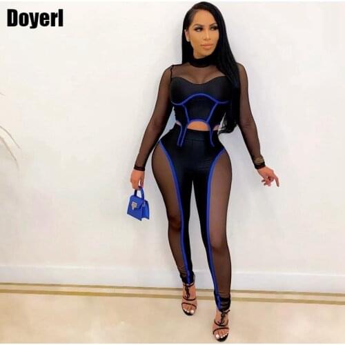 Sheer Mesh Sexy Two Piece Set Women Top and Pants Bodycon Birthday Club Outfits for Women Night Party 2 Piece Matching Sets 2021