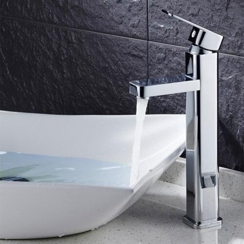 Modern Bathroom Basin Faucet Square Shape Copper Sink Tap Hot and Cold Water Mixer Tap Single Lever Deck Mounted Washbasin Tap