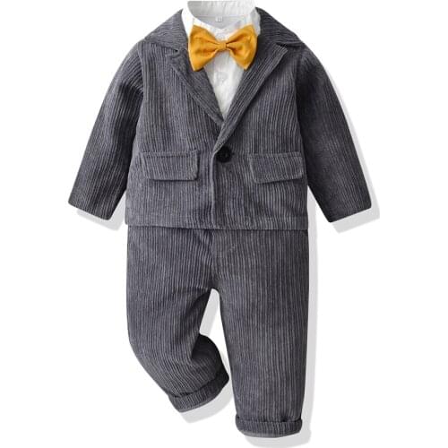 1 - 6 Years Boys' Corduroy Clothing Formal Kids Suit 2021 Full White Shirt + Gray Coat + Pants 3 Pieces Kits Wedding Costume