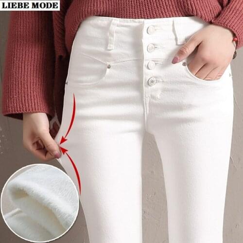 Women Button Skinny Velvet Jeans Womens White Black Winter Stretch Thick Warm Fleece Lined Denim Pencil Pants 2021 Autumn