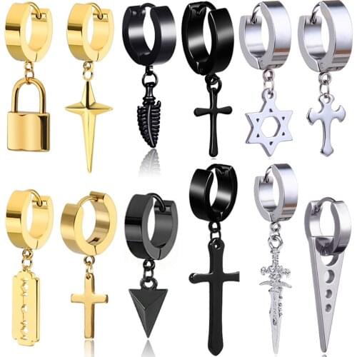 1Pair/2pcs Stainless Steel Lock Cross Pendant Drop Huggie Earrings Women Men Unisex Jewelry Punk Cartilage Dangle Earrings