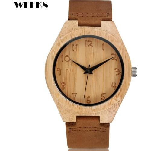 100% Nautral Wooden Watches Male Casual Leather Strap Men Wood Bamboo Watch Engraved Numbers Quartz Wristwatches For Mens Women