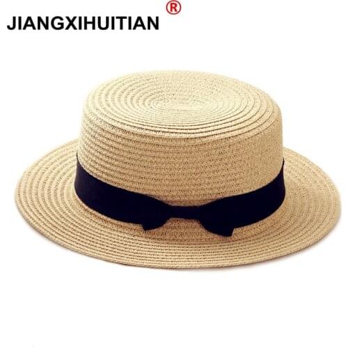 2020 simple Summer Parent-child Beach Hat Female Casual Panama Hat Lady Brand Women Flat brim Bowknot Straw cap girls Sun Hat