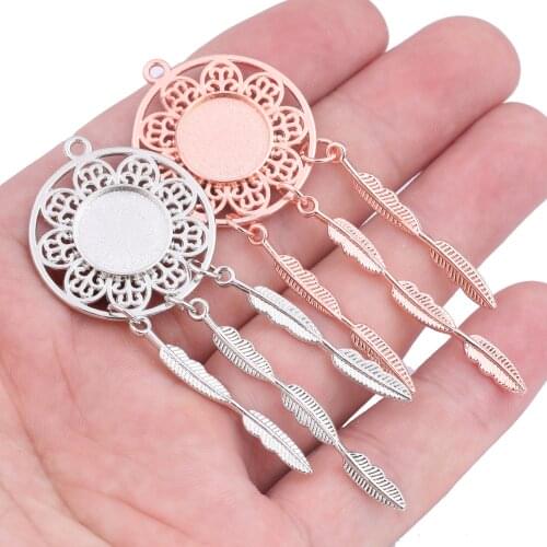 5pcs 12mm Cabochon Pendant Base Setting Trays With Feather teardrop Charms Diy Earring Necklace Bezel Blanks For Jewelry Making