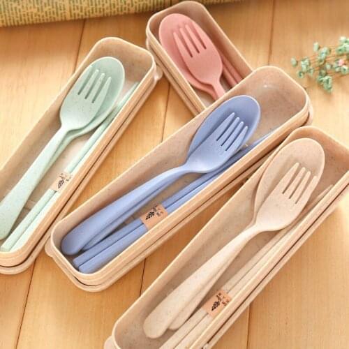 Free shipping Portable Wheat Straw Spoon Fork Chopsticks Set, 4 Colors Reusable Wheat Straw Travel Camping Cutlery Set