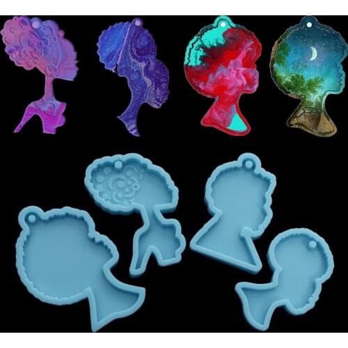 4 Styles Glossy Afro Girl Face Keychain Silicone Mold Man Face Shape Pendants Epoxy Resin Molds for DIY Crafts Decor Making Tool