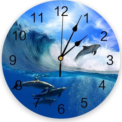 Sea Wave Sunshine Dolphin Fish Silent Decorative Wall Clock Digital Clock Operated Round Home Office School Clocks