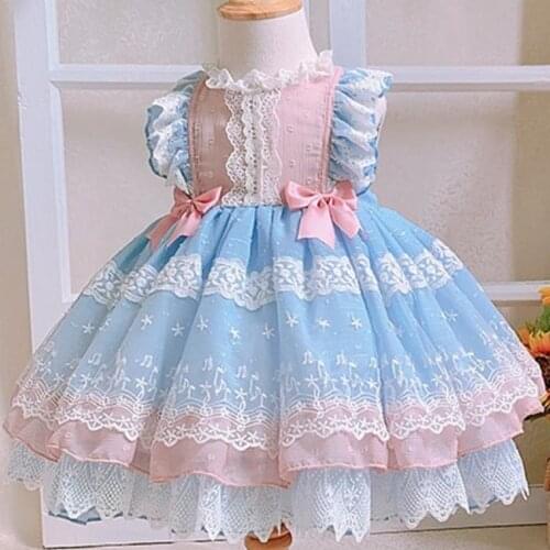 Baby girl summer Spanish lolita vintage vest ball gown dress kids lace mesh stitching bow Turkey birthday party dress
