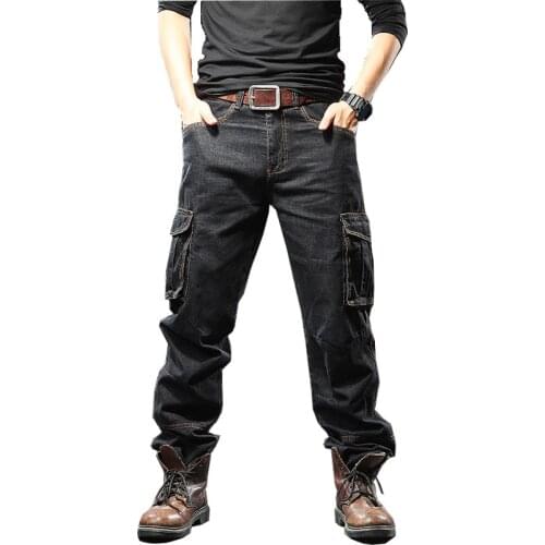 Mcikkny Men Cargo Casual Jeans Multi-pockets Loose Straight Motorcycle Denim Trousers For Male Pants Size 29-44 Washed