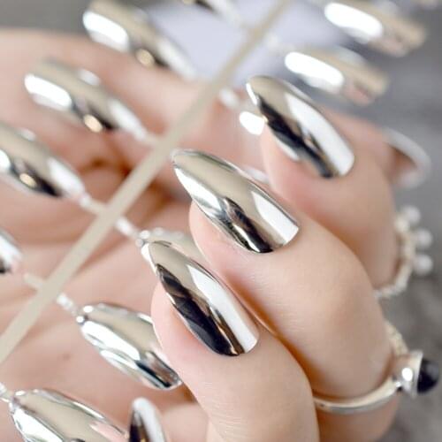 Fashion Silver Acrylic False Nail Metal Mirror Fake Nails Short Stiletto Nails Full Wrap Nail Tips Salon Product