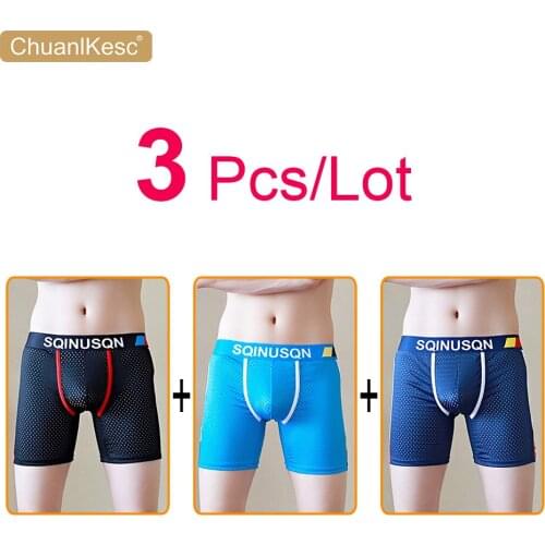 3 Pcs/Lot Mens Long Boxers New Mesh Underwear Cool And Breathable Large Size Anti Abrasion Leg Sports Shorts Newly Launched