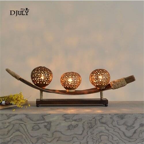 Southeast Asia manual coconut shell table lamp for living room country bedroom lamp creative retro loft decor led table light