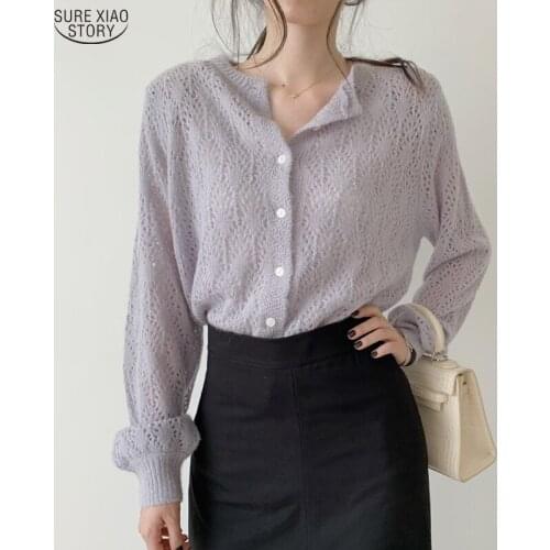 2021 Solid Elegant Tops Blusa Feminina Cardigan Knitted Hollow Out Blouses Women White Lantern Long Sleeve Shirts Women 9824