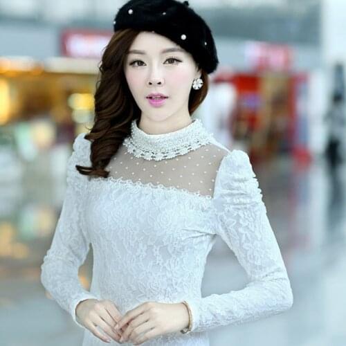 Autumn Winter 2020 Women Lace Embroidery Blouse Feminine Bead Pearl Collar Top Lady Puff Sleeve Lace Bottom Shirt Femina Blusa