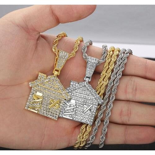 Cute House Shape Pendant Rhinestone Choke Cuban Link Necklace Fashion Hip Hop Necklace Jewelry Men Women Clothing Accesories