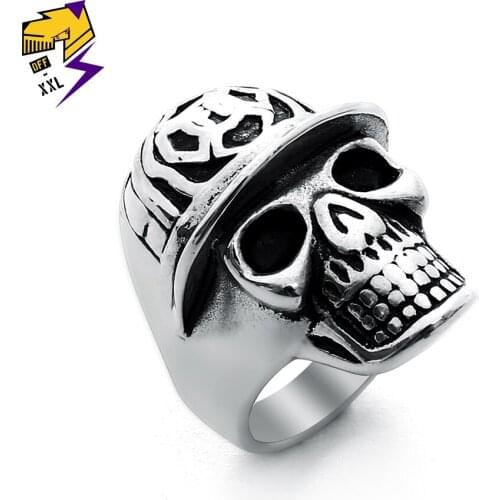 Punk Baseball cap Skeleton Biker Rings Men Vintage Silver Color Titanium Steel Steampunk Skull Rings Women Fashion Jewelry