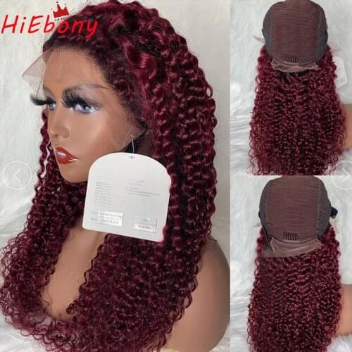 HiEbony #99j Preplucked Remy Human Hair Lace Front Wigs Burgundy Jerry Curly 180% density 13x4 Lace Frontal Wigs with baby hair