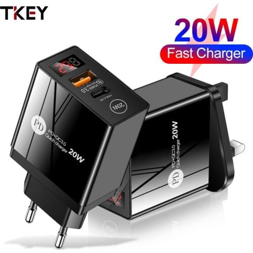 PD20W+QC3.0+LED Smart Digital Display Mobile Phone Fast Charger USB Type-C Dual Port 100-240V Quick Charger for US/EU/UK Plug