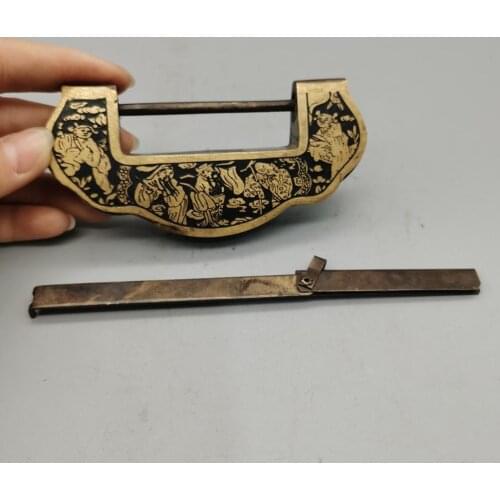 Elaborate Chinese old-style Copper Fu Lu Shou Character Stories / Fish lotus Statue lock and key