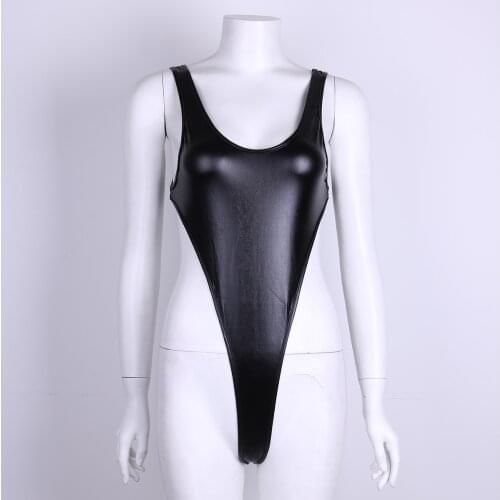 Sexy Women One Piece Patent Leather Catsuit Erotic Leotard Costumes Wetlook Halter Sleeveless High Cut Bodysuit Swimsuit Bikini