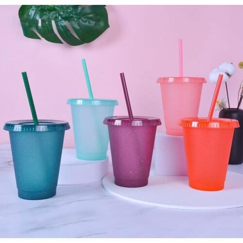 400/500ml Straw Drinking Cup Large-capacity Wide Mouth Lid Plastic Flash Powder Shiny Water Bottle Water Cup for School