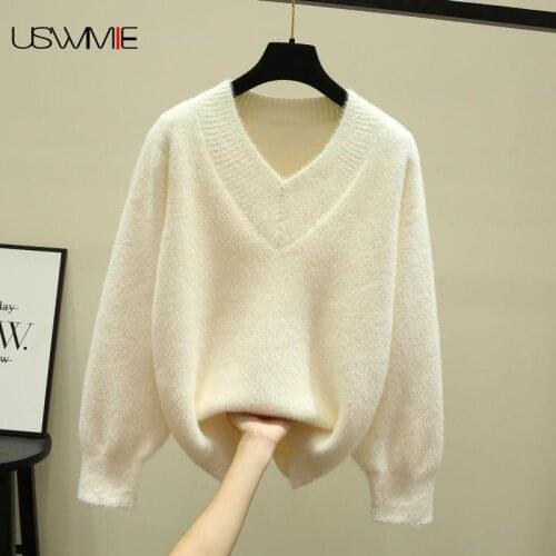 Free Shipping Sweater Women Fashion Brief Winter V-neck Thickened Korean Long Sleeve Comfort Warm Loose Outer Knitted Pullover