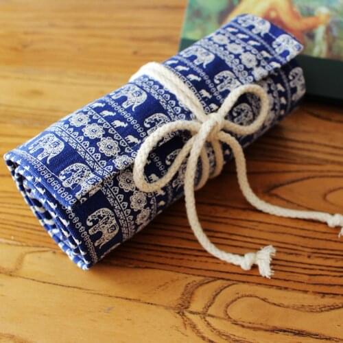 Cute blue elephant Canvas Pencil Case 36/48/72 Holes Roll School Pencil Bag material escolar School Supplies estuche escolar