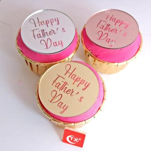 1pc New Gold Happy Fathers Day Cupcake Topper Rose Gold Acrylic Cake Topper for Dad Birthday Party Cake Decorations 5cm Circle