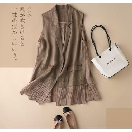 Summer Tank Tops with Sleeveless Linen Summer High Street Patchwork Ruffles Turn-down Collar Woman Jacket