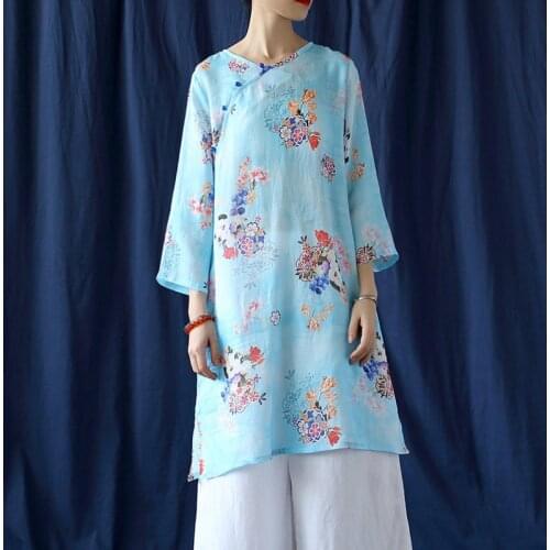 Johnature Women Ramie Print Floral Shirts V-Neck Seven Sleeve Blouses 2021 Autumn Vintage Female Tops Button Chinese Style Shirt