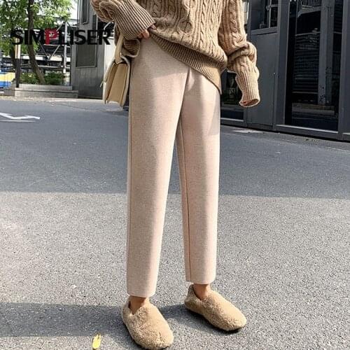 Nylon Pants For Women 2020 Autumn Winter Thicken Warm Trousers Black Khaki Ankle Length Woolen Harem Pants Elastic Waisted