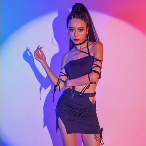 2021 Womens Jazz Dance Costume Black Bandage Tops Skirt Nightclub Gogo Dancer Dj Clothing Pole Dance Rave Outfit BL6777