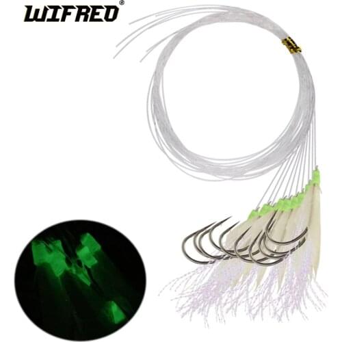 10PCS Pre Tied Sabiki Fish Flies Fish Skin Flasher Rig Fly With Glow Luminous Head Monofilament Line for Saltwater Fishing