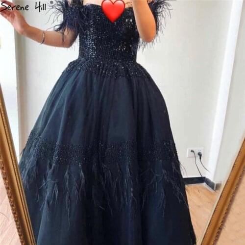 2020 Black Ivory Sleeveless Sexy A-Line Evening Dresses Sequined Feathers Ankle-Length Formal Gowns 2020 Serene Hill DLA70049