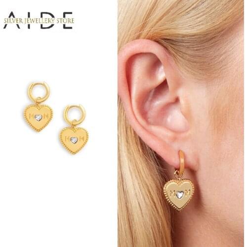 AIDE Fashion Love Heart Hoop Earrings For Women Exquisite INS “MOM” Carved Pierced Huggie Earings Jewelry pendientes plata 925
