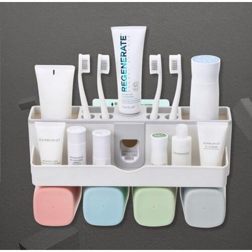 Toothbrush Holder Automatic Toothpaste Dispenser With Cup Wall Mount Toiletries Storage Rack Bathroom Accessories Set