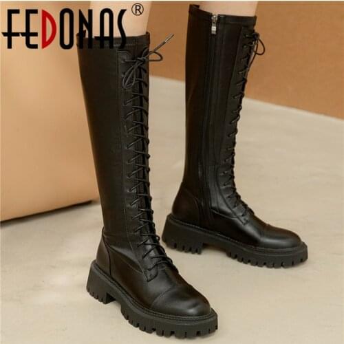 FEDONAS 2021 Fashion Cross-Tied Women Knee-High Boots Autumn Winter Platforms Casual Thick Heels Side Zipper Shoes Woman Newest