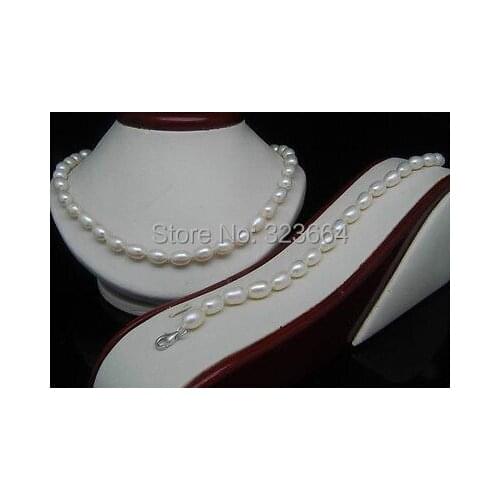 Set 8-9mm White Cultured Rice Pearl Necklace Bracelet 18"